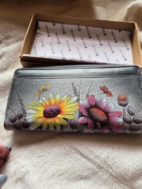 Anuschka Hand-Painted Gray Wallet with Yellow & Pink Floral Design